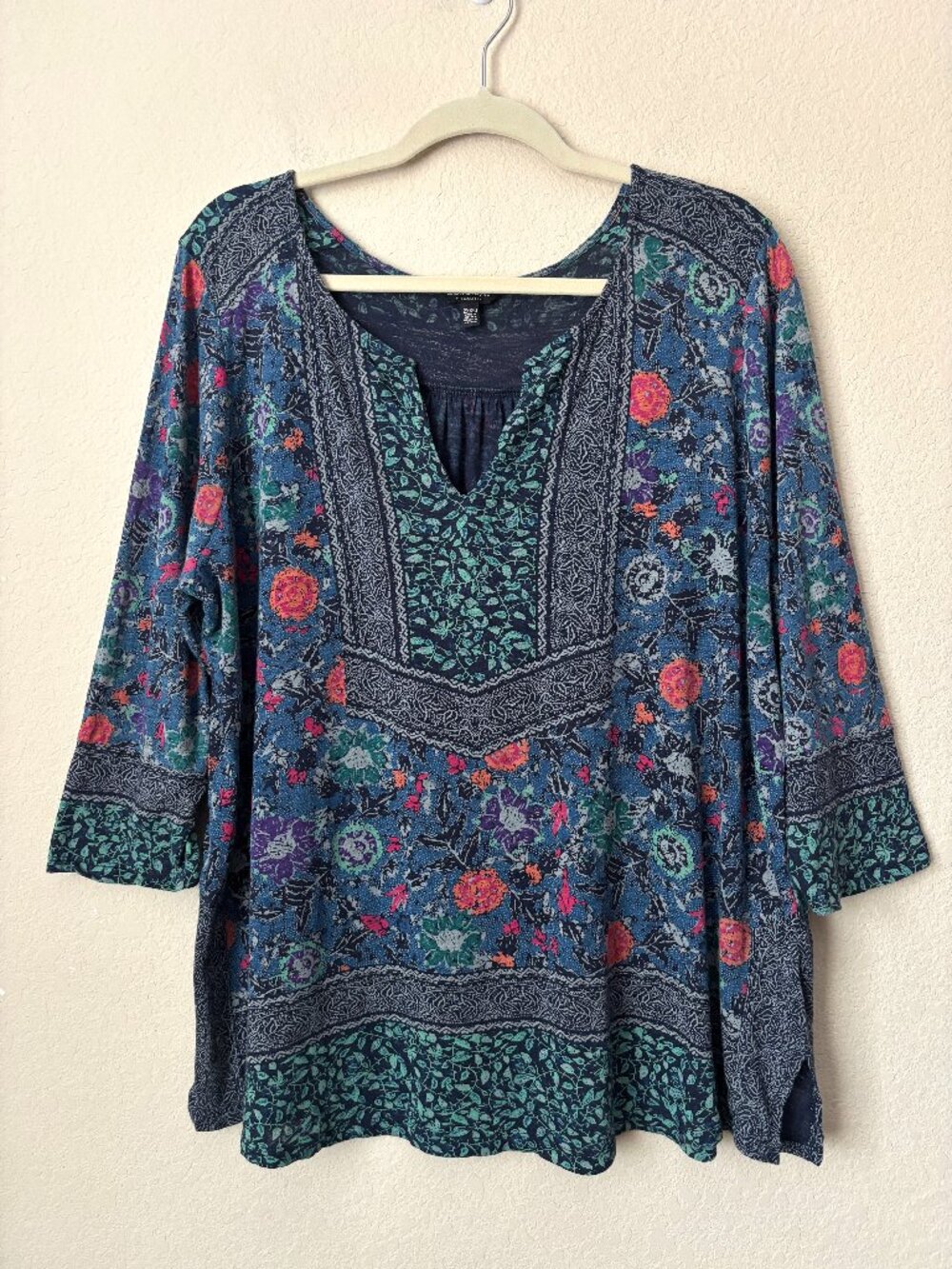 Lucky Brand 2X Boho Floral Printed Peasant Blouse Top